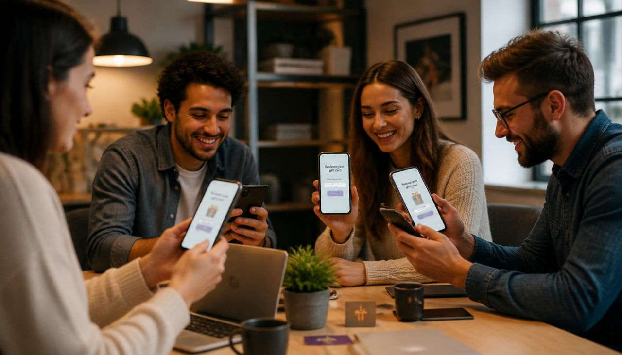 Four people in a casual meeting setting using their smartphones.