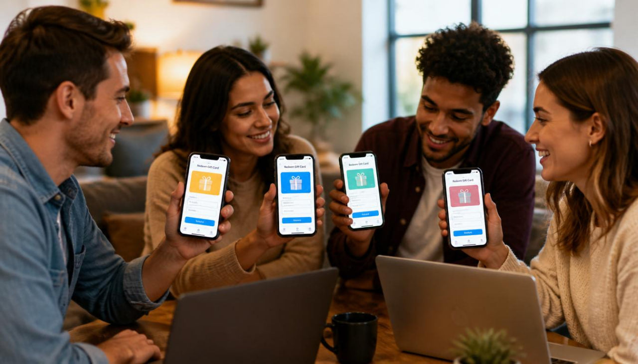 Four friends are gathered around a table, each holding a smartphone with a similar app displayed on the screen. They are in a casual indoor setting.