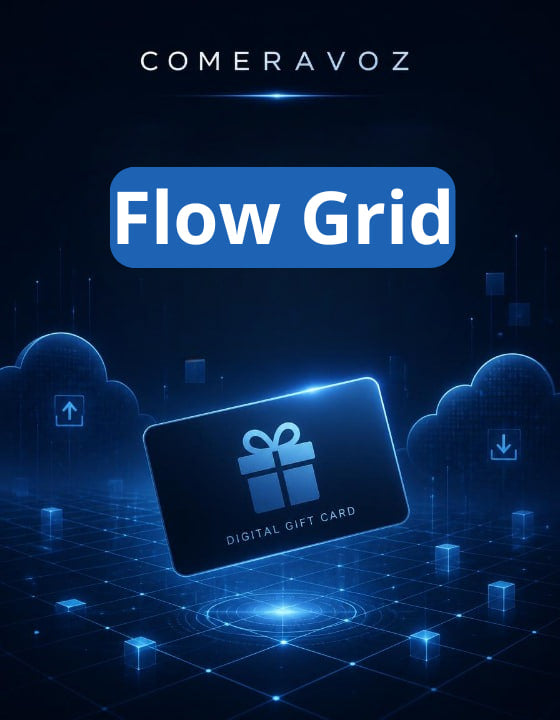 Digital gift card with 'Flow Grid' branding on a dark background