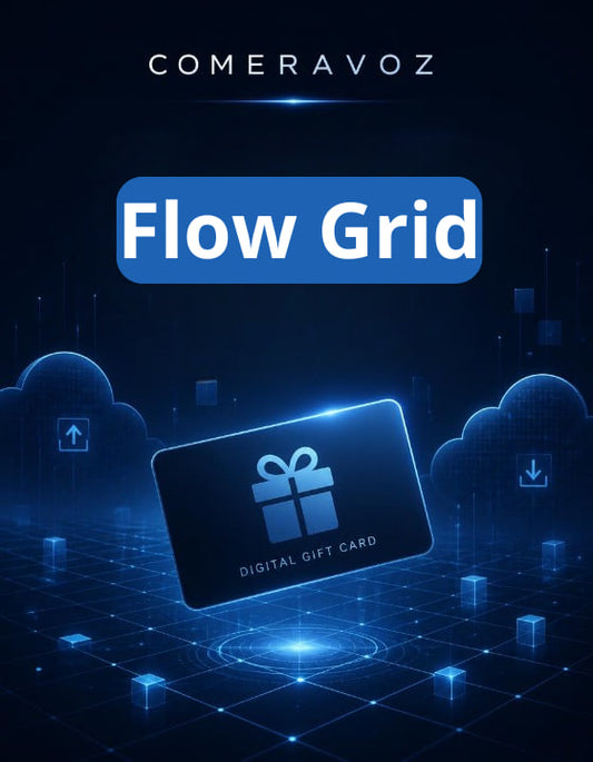 Digital gift card with 'Flow Grid' branding on a dark background