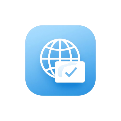 Blue square icon with a globe and check mark on a white background