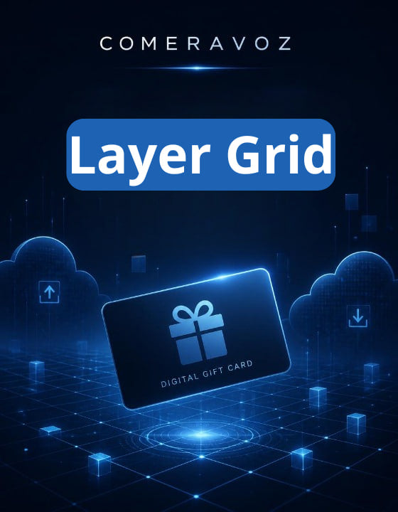 Digital gift card with 'COMERAVOZ Layer Grid' text on a dark background