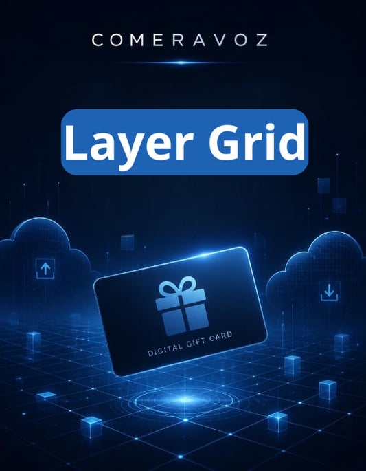 Digital gift card with 'COMERAVOZ Layer Grid' text on a dark background