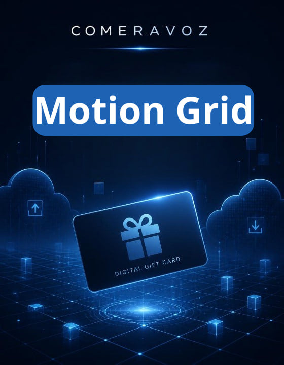 Digital gift card with 'COMERAVOZ Motion Grid' branding on a dark background.
