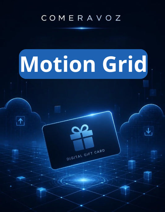 Digital gift card with 'COMERAVOZ Motion Grid' branding on a dark background.